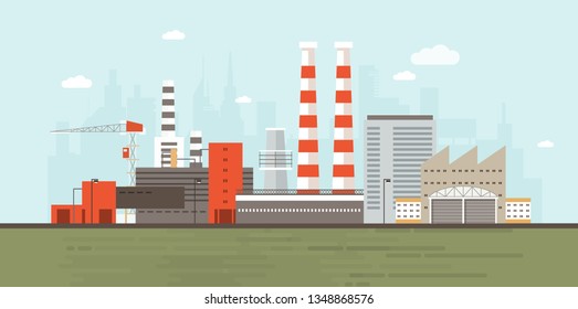 Industrial park or zone with factory buildings, manufacturing structures, power plants, warehouses, cooling towers against city skyline in background. Flat cartoon colorful vector illustration.