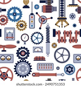 Industrial parts seamless pattern. Mechanical and robot elements, technical details, buttons, levers and gears. Decor textile, wrapping, wallpaper. Print cartoon flat nowaday vector background