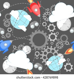 Industrial pattern on grey background. Wrench, clock, cog, gear, clouds, planet and rocket. Abstract concept of teamwork, successful business and communication.