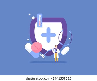 concepto farmacéutico industrial. medicina y salud. médico con una píldora de medicina, escudo, termómetro y estetoscopio. diseño de concepto de ilustración de estilo plano. elementos gráficos. vector