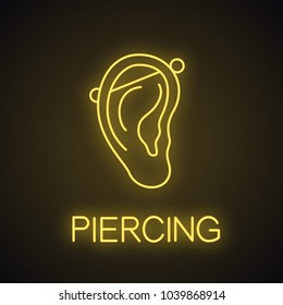 Industrial piercing neon light icon. Glowing sign. Pierced ear cartilage. Vector isolated illustration