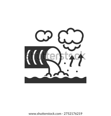 Industrial pipe dumping waste into water icon. Water pollution and environmental contamination. Monochrome black and white symbol