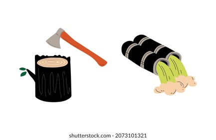 Industrial Pipe with Toxic Waste and Tree Stump with Ax Vector Set
