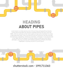 Industrial pipeline background. Oil, water or gas line with fittings and valves. Vector set of graphic, cartoon pipes for printing, children development. Flat style isolated on white background