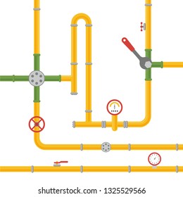 Industrial pipeline concept. Pipe system for admission: oil, water or gas. Pipeline with fittings, pressure valve, pump, tap, pressure gauge and valve. Vector illustration.