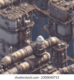 Industrial pipeline system. Seamless pattern. Vector pixelated illustration. Pixel design. 