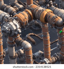 Industrial pipeline system. Seamless pattern. Vector pixelated illustration. Pixel design. 