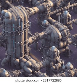 Industrial pipeline system. Seamless pattern. Vector pixelated illustration. Pixel design. 