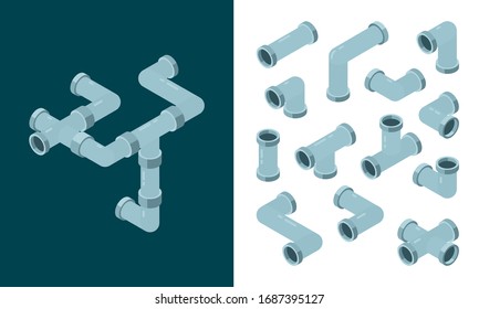 Industrial pipes. Oil or water plastic tubes steel pipes connections vector isometric set