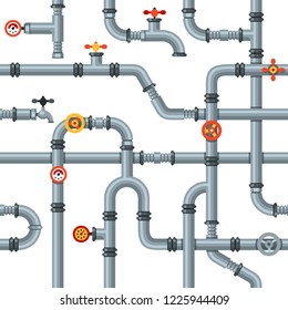 Industrial pipes seamless pattern. Pipe valves and taps, drain cooling or heating system pipelines gas pressure gauge. Plumbing or conduit industry engineering factory work flat vector concept