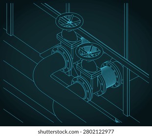 Industrial piping system with control valves and handwheels isometric blueprint, stylized vector illustration