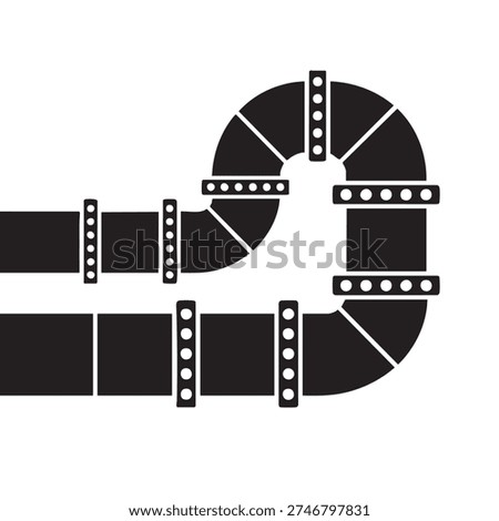 Industrial piping system vector illustration with connected segments and a curved bend, featuring a clean black and white design perfect for engineering diagrams, plumbing layouts, or infrastructure graphic design projects needing a modern, stylized icon.