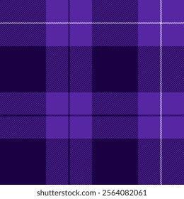 Industrial plaid vector pattern, tissue tartan seamless background. Tweed texture check textile fabric in violet and dark colors.