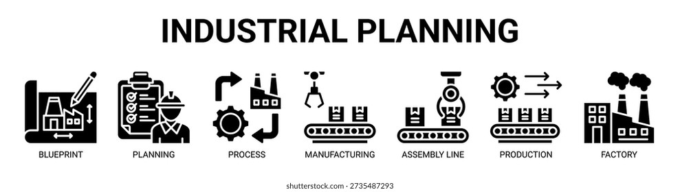 Industrial Planning web banner icon vector illustration concept with icon of blueprint, planning, process, manufacturing, assembly line, production, and factory.