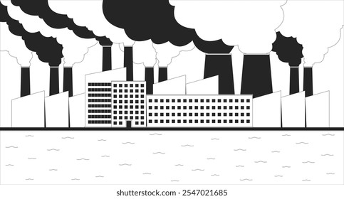 Contaminación del aire de la planta de Industrial ilustración de línea en blanco y negro. Crisis climática. Grande complejo de fabricación en el fondo monocromático del paisaje 2D de la orilla del río. Vector de contorno de ecosistema tóxico y dañino