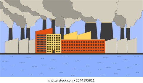 Ilustração plana das poluições atmosféricas das plantas industriais. Crise climática. Grande complexo de fabricação em riverbank 2D paisagem desenho animado fundo. Emissões tóxicas danificando a imagem vetorial da cena do ecossistema