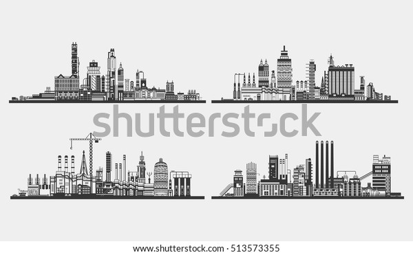 Industrial plant or building, factory exterior view.\
Silhouette of assembly or manufacture line, power plant. Heavy\
industrial architecture design, chemical construction or industry\
structure logo