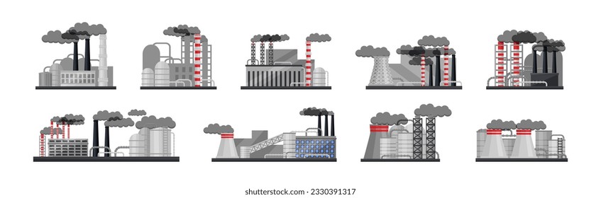 Industrial Plant and Complex with Steaming Chimney Vector Set