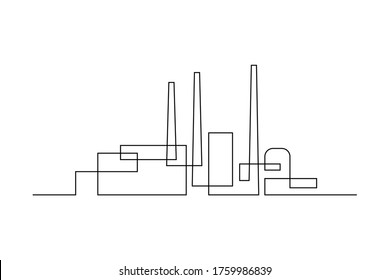 Industrial Plant In Continuous Line Art Drawing Style. Abstract Factory Buildings Minimalist Black Linear Design Isolated On White Background. Vector Illustration