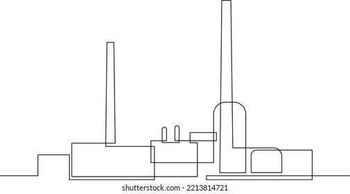 Industrial plant in continuous line art drawing style. Abstract factory buildings minimalist design. Vector illustration.