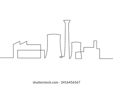 Industrial plant in continuous one line art drawing. Abstract factory buildings manufacture concept. Outline linear design Vector illustration isolated on white background.