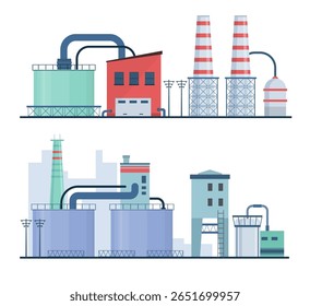 Industrial planta e arquitetura de fábrica ilustração de vetor de negócios equipamento de energia fabricação de tubulação química poluição ambiente urbano energia empresa construção construção pesado ind