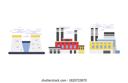 Industrial Plant and Factory Buildings with Chimney Stalk Vector Set