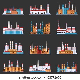 Industrial plant and factory with chimney set of icons in cartoon style. Hydro, nuclear, thermal, chemical, petrochemical dirty and heavy energy production from fuel polluting nature and environment.