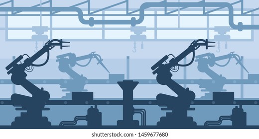 Industrial plant, factory silhouette, interior of enterprise scene, industrial industry concept. Machine-building plant with service conveyor belt, silhouettes of buildings. Vector illustration.