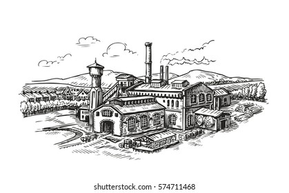 Industrial Plant, Factory Sketch. Vintage Building Vector Illustration