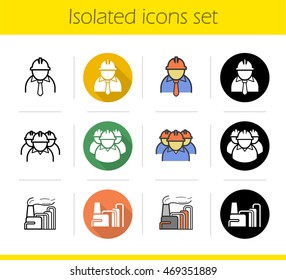 Industrial plant icons set. Flat design, linear, black and color styles. Chemical factory, chief and workers, industrial pollution symbol. Isolated vector illustrations