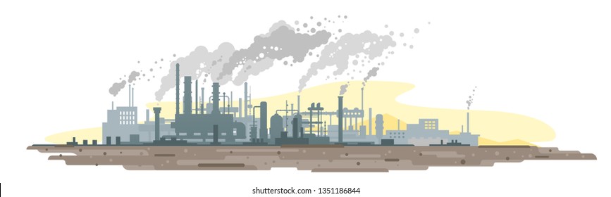 Industrial plant landscape with smoking pipes, factory buildings silhouette, environmental pollution, smog and fog in sky, ecology concept, flat style isolated