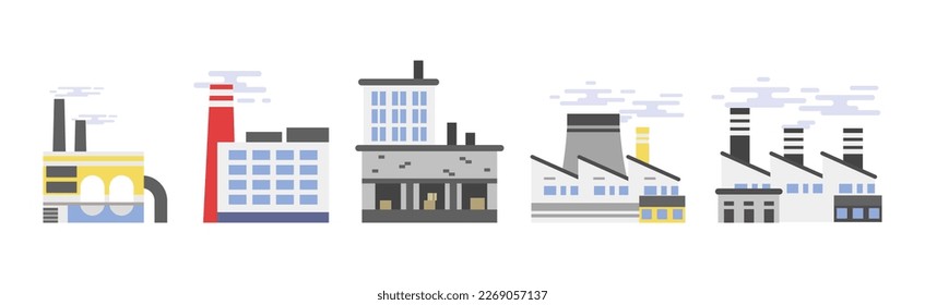 Industrial Plant and Manufacturing with Towers Emitting Smoke Vector Set