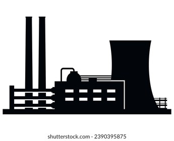 Industrial plant silhouette heavy metallurgy factory black minimal icon vector flat illustration. Refinery chemical manufacturing fabric petrochemical station with tank pipe tower production building