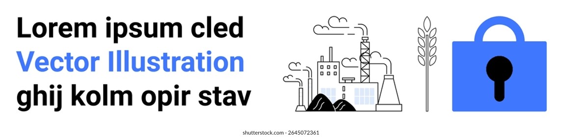 Industrial plant with smoke, agricultural icon, and blue security lock symbolize sustainability, production, and security. Ideal for industry, agriculture, security, environmental impact, business