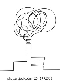 Industrial plant with smoke coming from the chimney, Continuous one line drawing, Black and white minimalist single line Ecology air environmental pollution vector illustration