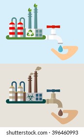 Industrial plant and water with toxic waste. Environmentally friendly plant and water purification system. Ecology design concept with air, water, soil pollution. Flat isolated vector illustration.