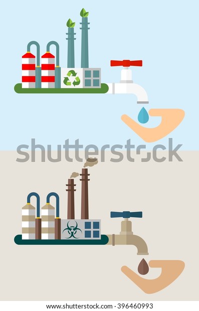Industrial plant and water with toxic\
waste. Environmentally friendly plant and water purification\
system. Ecology design concept with air, water, soil pollution.\
Flat isolated vector\
illustration.