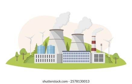 Industrial plant with wind turbines and green landscape. Vector illustration