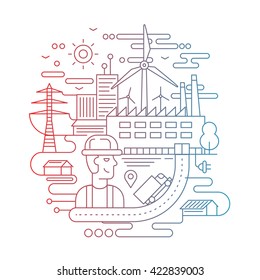 Industrial plant with a worker - line design illustration