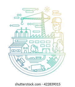 Industrial plant with a worker - line design illustration