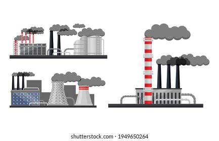 Industrial Plants and Factory Buildings with Pipelines Emitting Smoke Vector Set