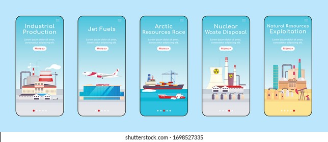 Industrial plants onboarding mobile app screen flat vector template. Natural resources exploitation walkthrough website steps with characters. UX, UI, GUI smartphone cartoon interface, case prints set