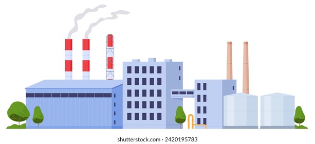 Industrial plants for the production of products, electricity, equipment. Factory complex with pipes. Vector illustration