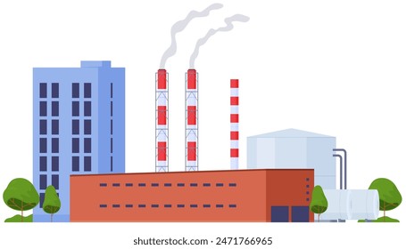 Industrial plants for the production of products, electricity, equipment. Factory complex with pipes. Vector illustration