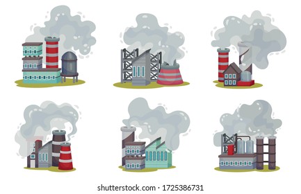 Industrial Plants Throwing Out Toxic Smoke Dangerous for the Environment Vector Set