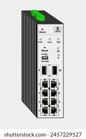 Conmutador Ethernet PoE de Industrial para montaje en raíles DIN. Contiene 8 puertos Ethernet RJ-45, 2 puertos SFP de fibra óptica y un puerto de consola USB. En la parte superior está el conector de alimentación. Ilustración vectorial.