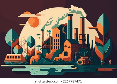 Industrial pollution background image with a factory and polluting chimney