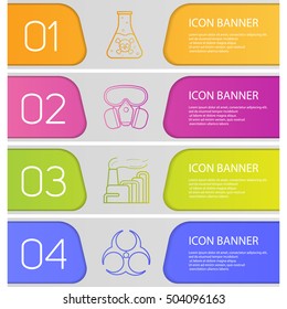 Industrial pollution banner templates set. Easy to edit. Factory, poison liquid, biohazard symbol, gas mask. Website menu items with linear icons. Color web banner. Vector headers design concepts
