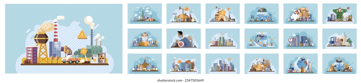 Industrial pollution. Dirty waste. Environmental pollution. Vector illustration. Environmental pollution is issue that affects us all Dirty waste dumping is crime against nature Air and water